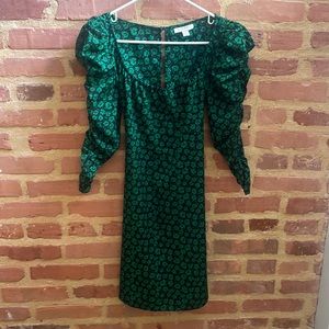 Topshop Ruched Sleeve Tea Dress in Green Animal Print
